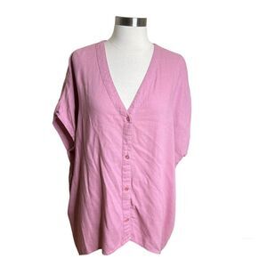 Ellos Shirt Womens Sz 10 12 Pink Linen Lagenlook Oversized‎ Tunic V Neck